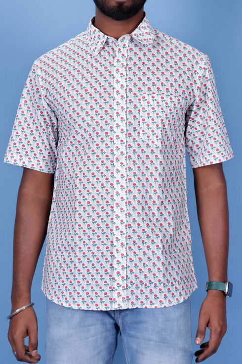 Slim Fit Cambric Cotton Men’s Half  Sleeved Shirt In Floral Print